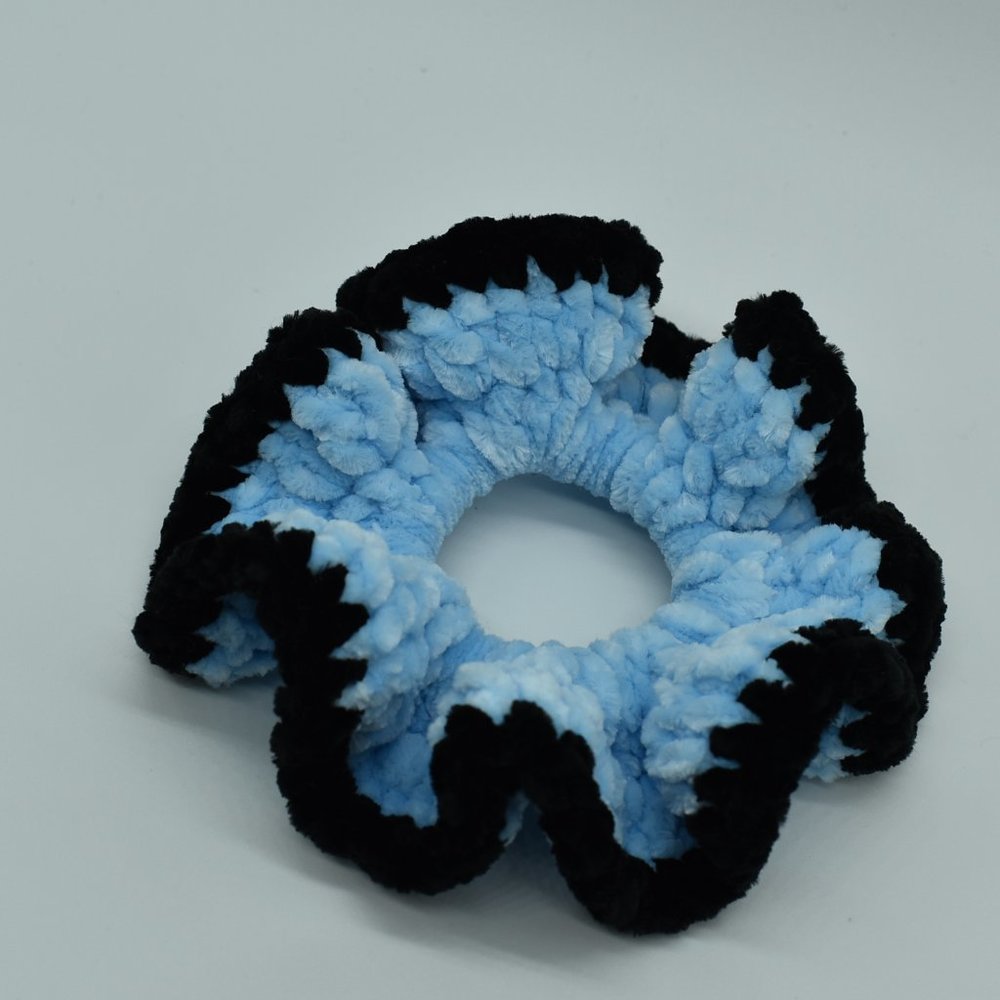 Handcrafted blue and black chenille crochet scrunchie